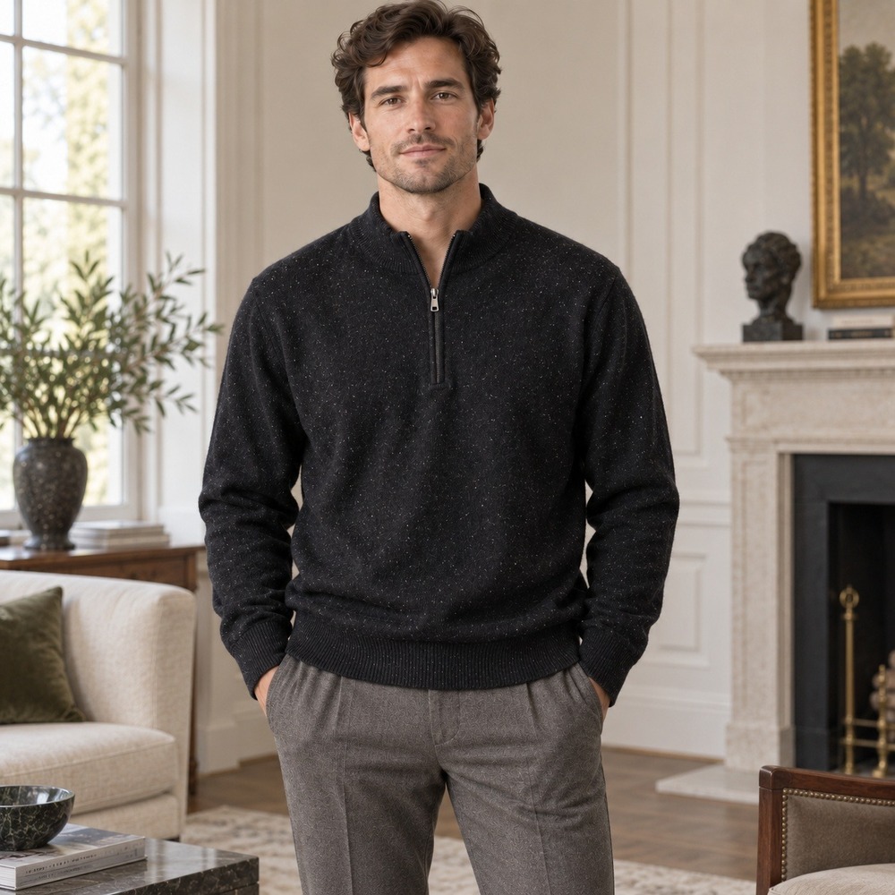 Artefact Mens Black Donogal Quater Zip Luxury Cashmere Pullover Sweater Size L